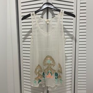 Sun & Shadow Sheer Sleeveless Top with Embroidery and Sequins - Like New!